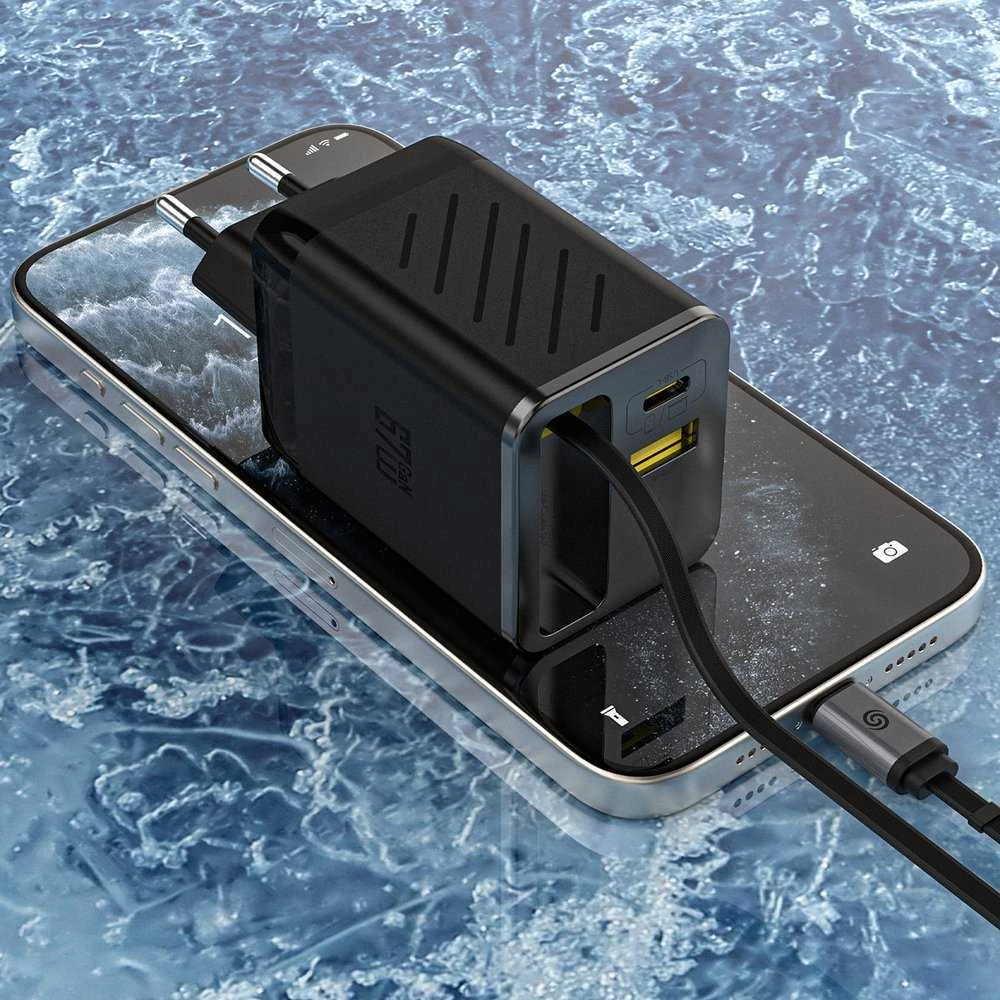 Dudao A67EU GaN 67W sieninis įkroviklis su integruotu ištraukiamu USB-C maitinimo laidu greitam įkrovimui - Juodas