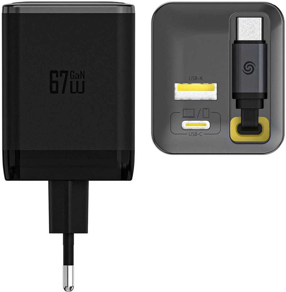 Dudao A67EU GaN 67W sieninis įkroviklis su integruotu ištraukiamu USB-C maitinimo laidu greitam įkrovimui - Juodas