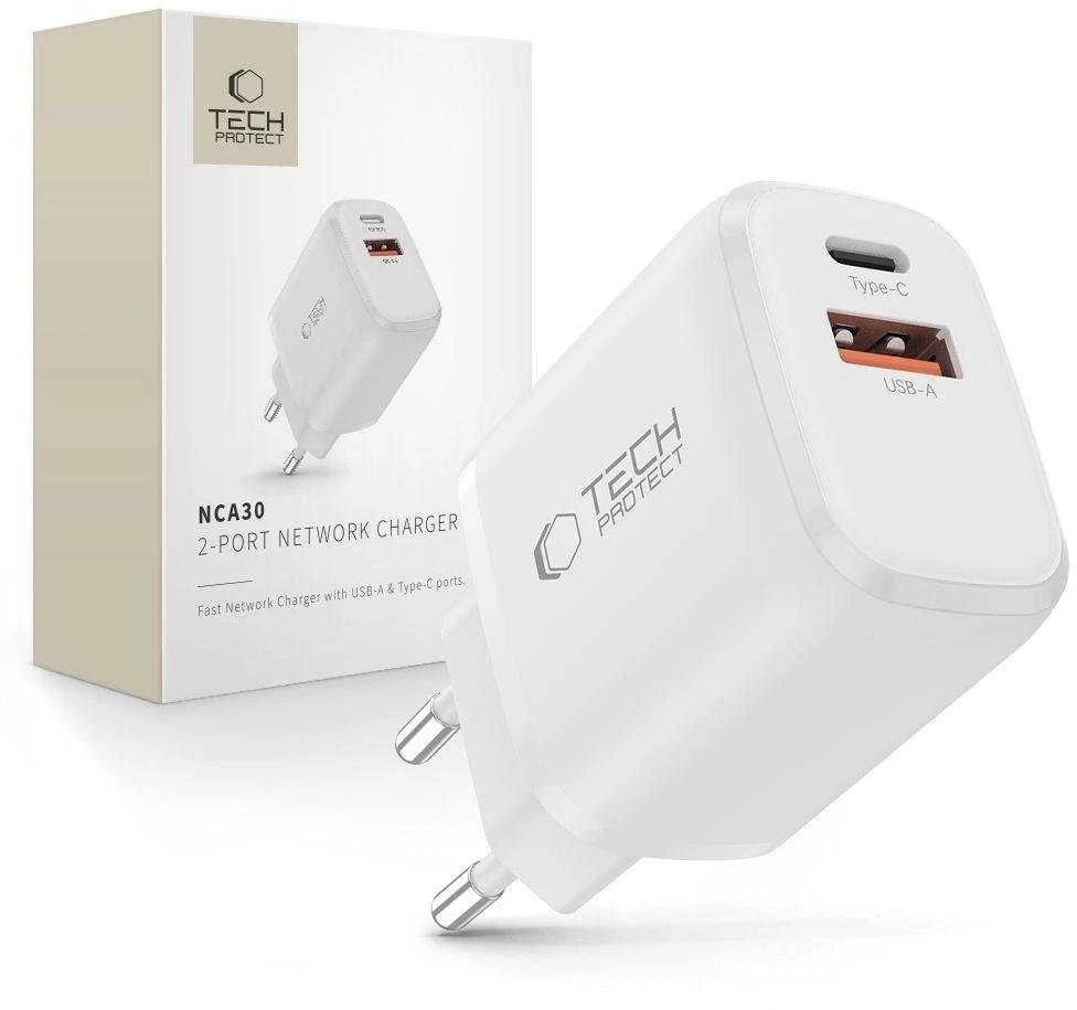 „Tech-Protect NCA30 PD 30W QC3.0 USB-A / USB-C“ sieninis įkroviklis - Baltas