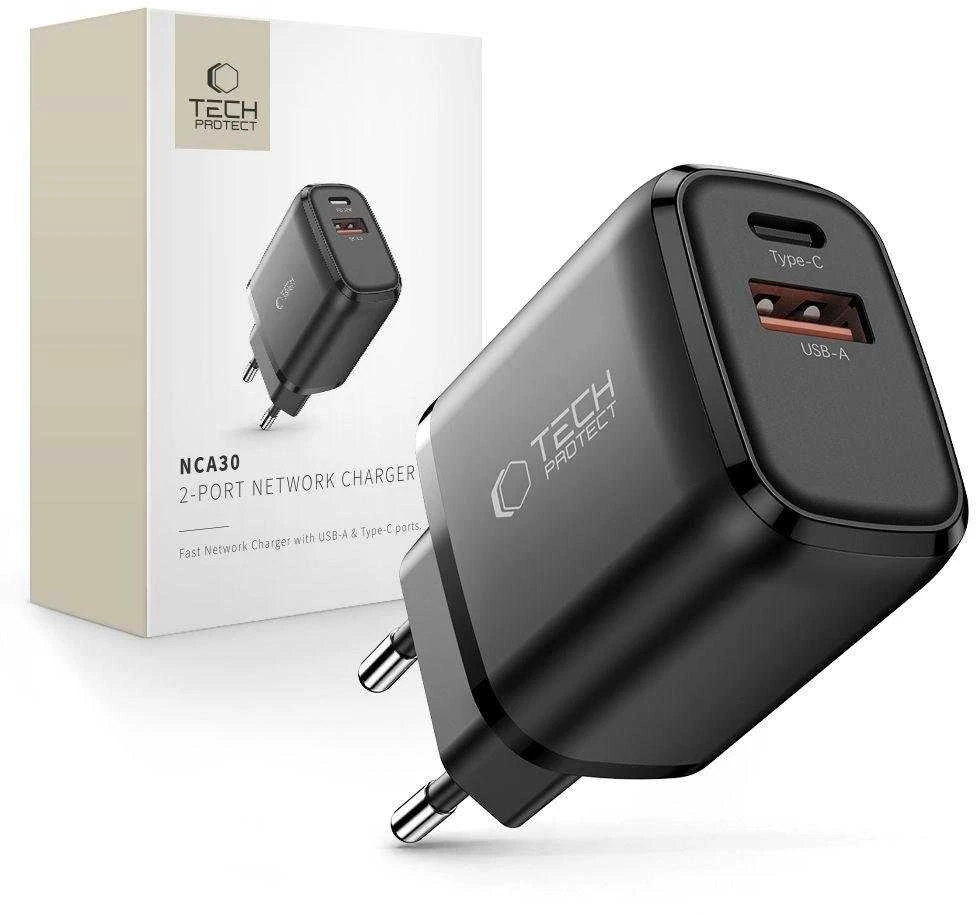 „Tech-Protect NCA30 PD 30W / QC3.0 USB-A / USB-C“ sieninis įkroviklis - juodas