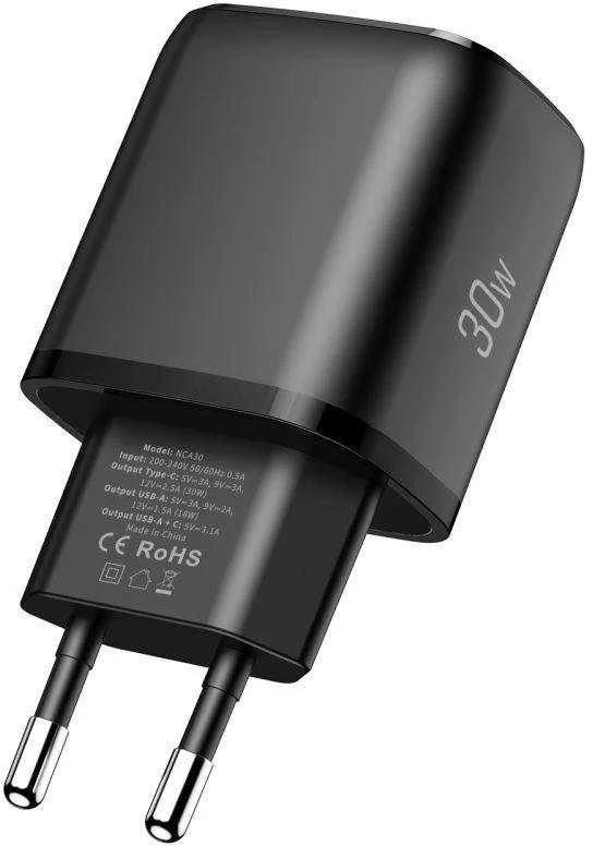 „Tech-Protect NCA30 PD 30W / QC3.0 USB-A / USB-C“ sieninis įkroviklis - juodas