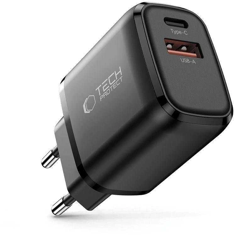 „Tech-Protect NCA30 PD 30W / QC3.0 USB-A / USB-C“ sieninis įkroviklis - juodas
