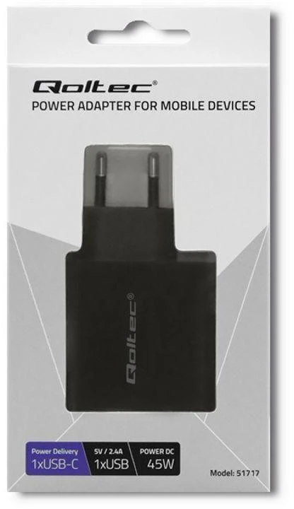 QOLTEC 51717 Įkroviklis 42W 5-20V 2.25-3A USB tipas C PD USB Juodas