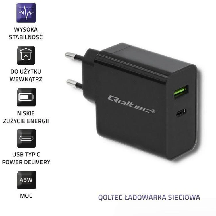 QOLTEC 51717 Įkroviklis 42W 5-20V 2.25-3A USB tipas C PD USB Juodas