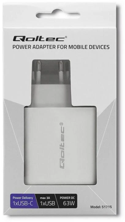 QOLTEC 51715 Įkroviklis 63W 5-20V 1.5-3A USB tipas C PD USB QC 3.0 Baltas