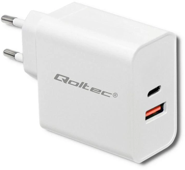 QOLTEC 51715 Įkroviklis 63W 5-20V 1.5-3A USB tipas C PD USB QC 3.0 Baltas