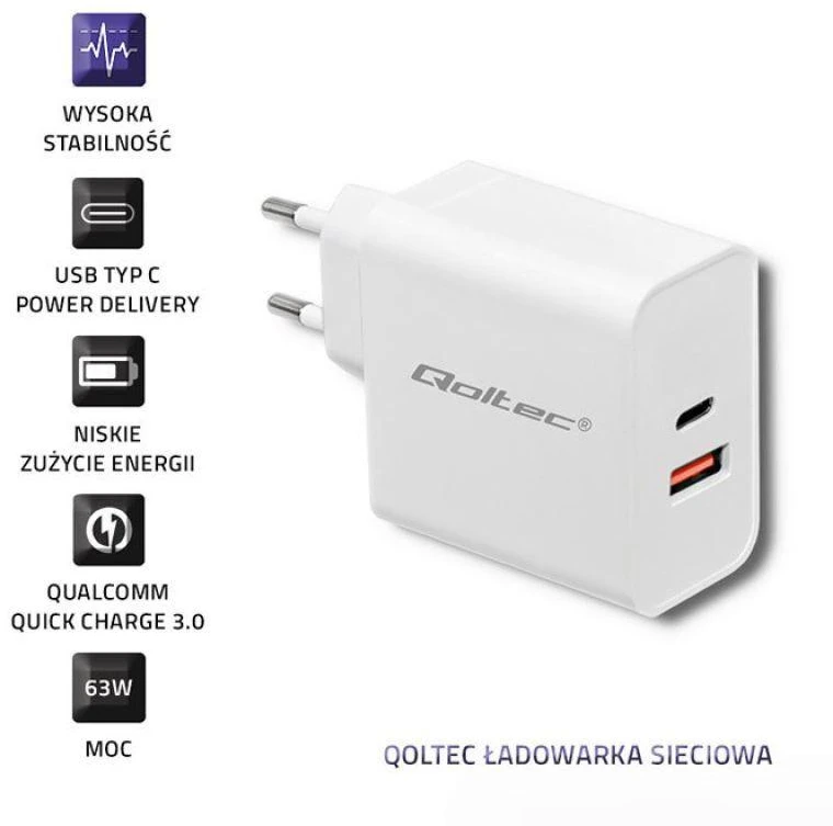 QOLTEC 51715 Įkroviklis 63W 5-20V 1.5-3A USB tipas C PD USB QC 3.0 Baltas