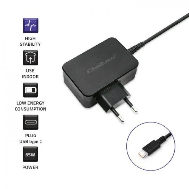 QOLTEC 51024 Charger 65W / 5-20V / 3-3.25A / USB type C / PD / Juodas