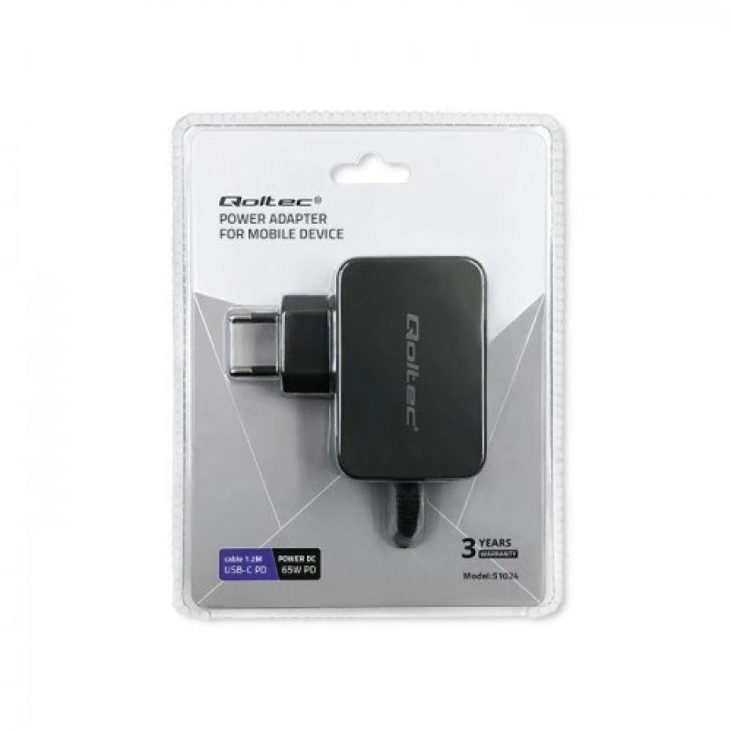 QOLTEC 51024 Charger 65W / 5-20V / 3-3.25A / USB type C / PD / Juodas