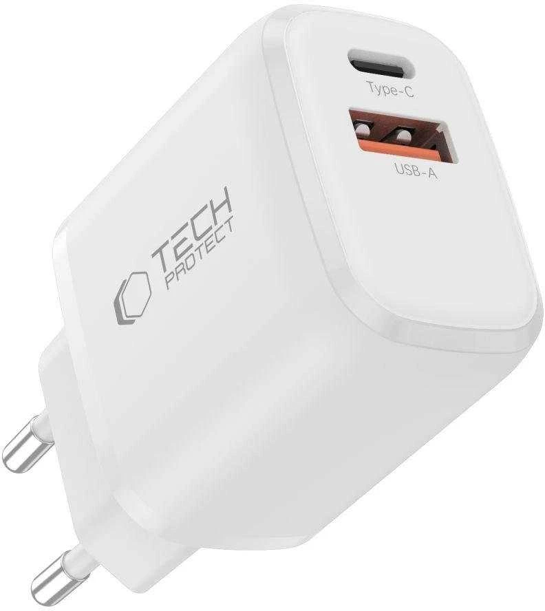 Tech-Protect NCA20 PD 20W QC3.0 USB-A / USB-C sieninis įkroviklis + USB-C / Lightning laidas 100 cm - Baltas