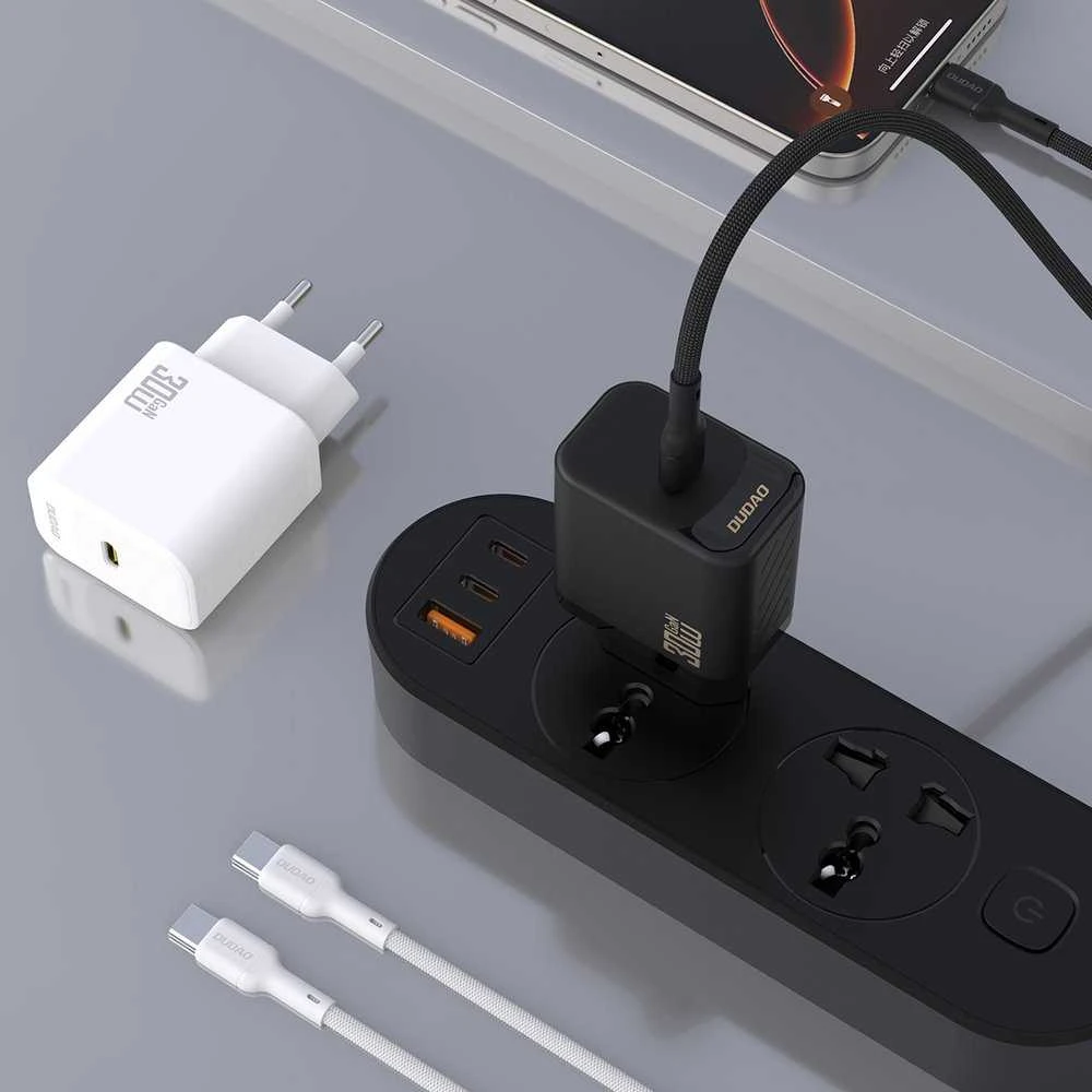 Dudao A27PCEU PD 30W GaN USB-C sieninis įkroviklis su USB-C laidu - Baltas