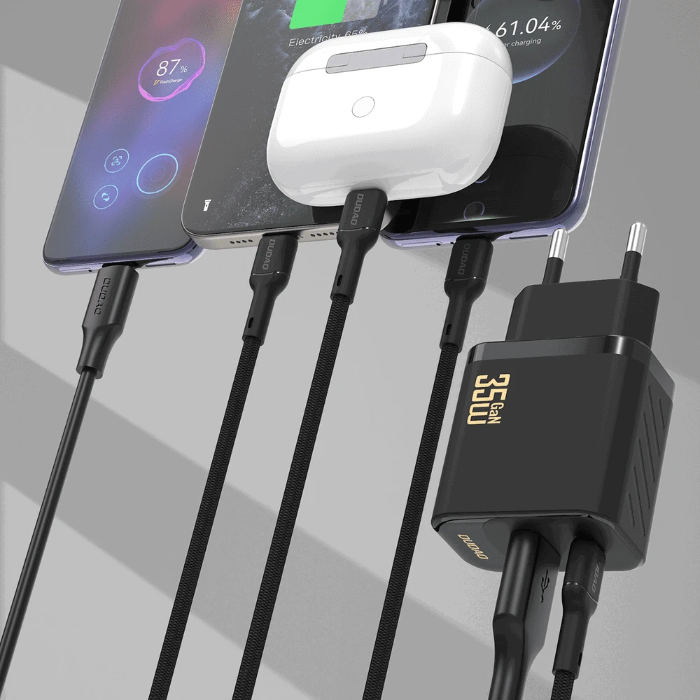 Dudao A27MaxCEU PD QC 35W USB-A USB-C sieninis įkroviklis su USB-C laidu – juodas