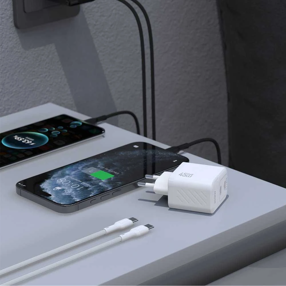 Dudao A28PCEU PD 45W GaN 2xUSB-C sieninis įkroviklis su USB-C laidu – baltas