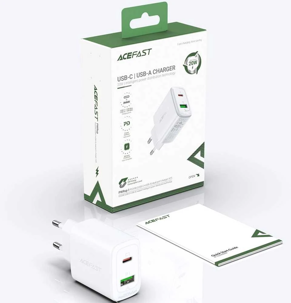 Įkroviklis buitinis Acefast A25 PD20W Type-C/USB-A baltas