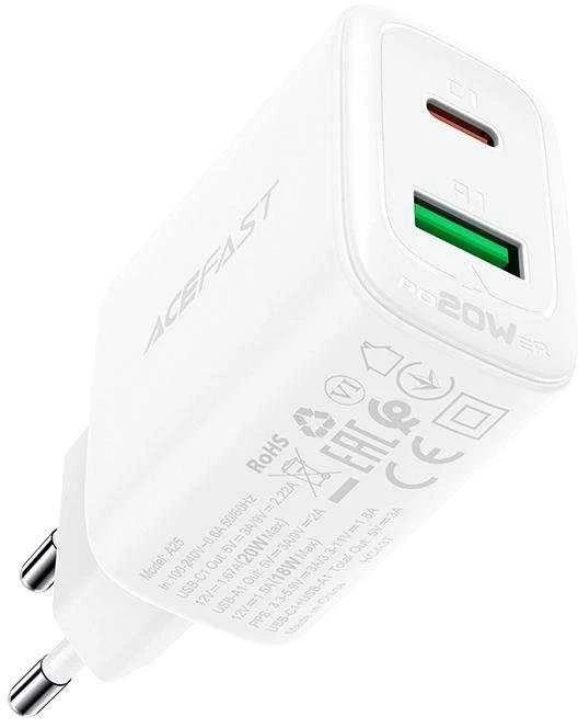 Įkroviklis buitinis Acefast A25 PD20W Type-C/USB-A baltas