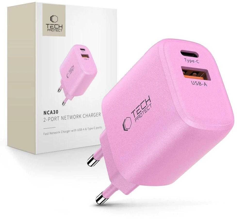 „Tech-Protect NCA30 PD 30W QC3.0 USB-A / USB-C“ sieninis įkroviklis - Rožinė