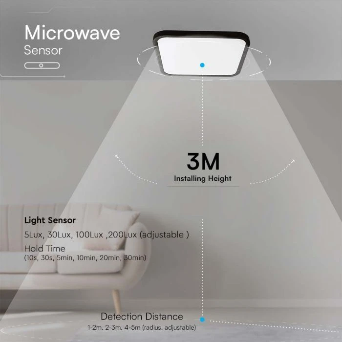 Sieninis šviestuvas V-tac 18W LED paviršinis šviestuvas, kvadratinis, juodu korpusu, 4000K, IP44, su judesio davikliu