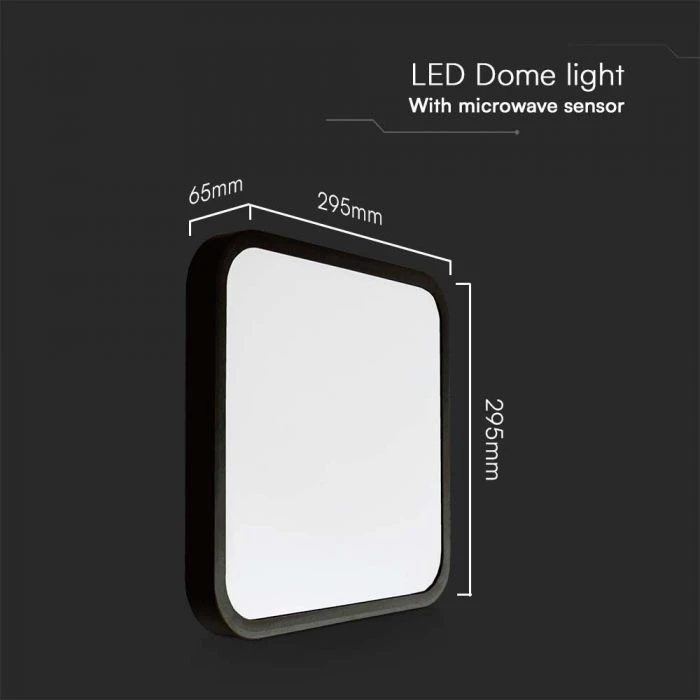 Sieninis šviestuvas V-tac 18W LED paviršinis šviestuvas, kvadratinis, juodu korpusu, 4000K, IP44, su judesio davikliu