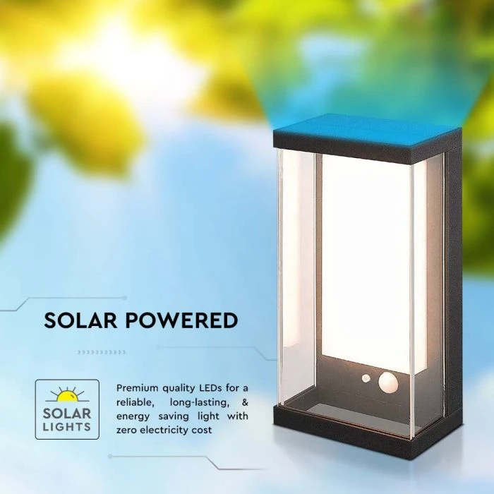 Sieninis šviestuvas V-tac 1W LED sieninis lauko šviestuvas su saulės baterija ir judesio davikliu, juodas, 3000K, IP54