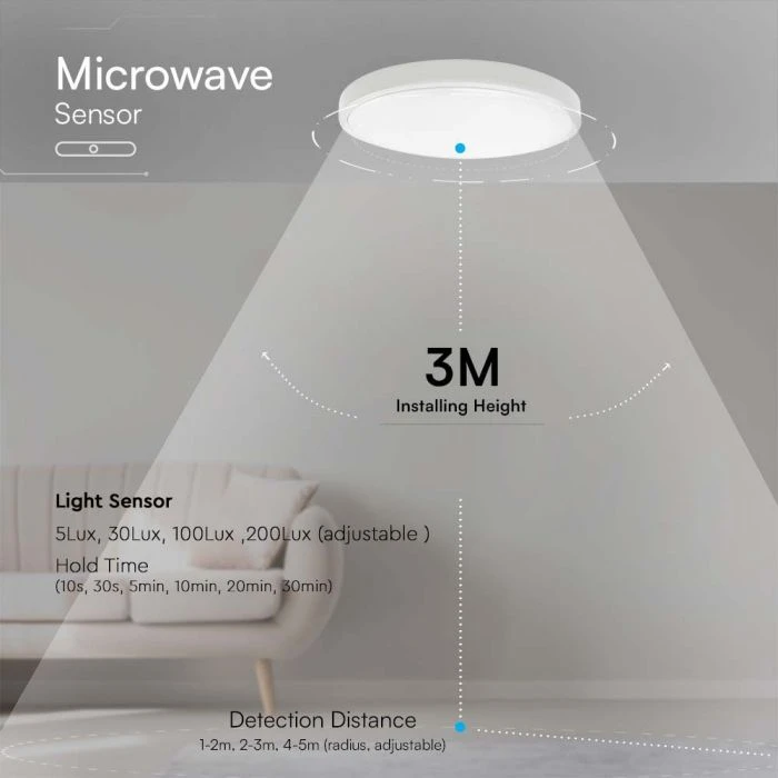 Lubinis šviestuvas V-tac 24W LED paviršinis šviestuvas, baltas, 3000K, IP44, su judesio davikliu