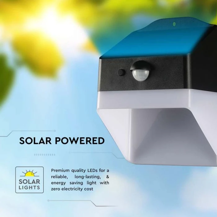 Sieninis šviestuvas V-tac 2W LED sieninis lauko šviestuvas su saulės baterija ir judesio davikliu, baltos/juodos sp., 4000K, IP65