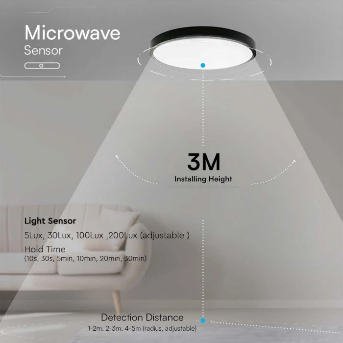 Lubinis šviestuvas V-tac 36W LED paviršinis šviestuvas, juodu korpusu, 4000K, IP44, su judesio davikliu