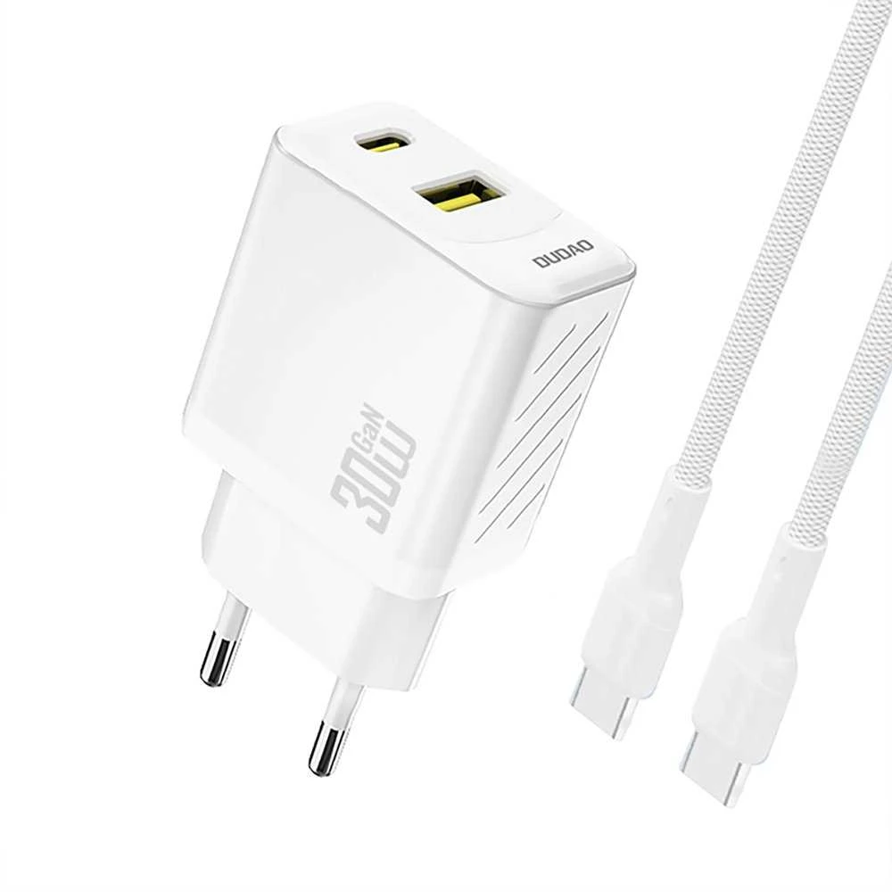Dudao A27TCEU PD 30W GaN USB-A USB-C sieninis įkroviklis su USB-C laidu - Baltas