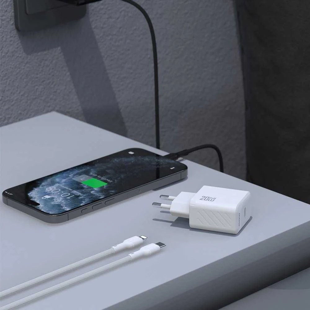 Dudao A26LEU PD 20W GaN USB-C sieninis įkroviklis su USB-C–Lightning laidu - Juodas