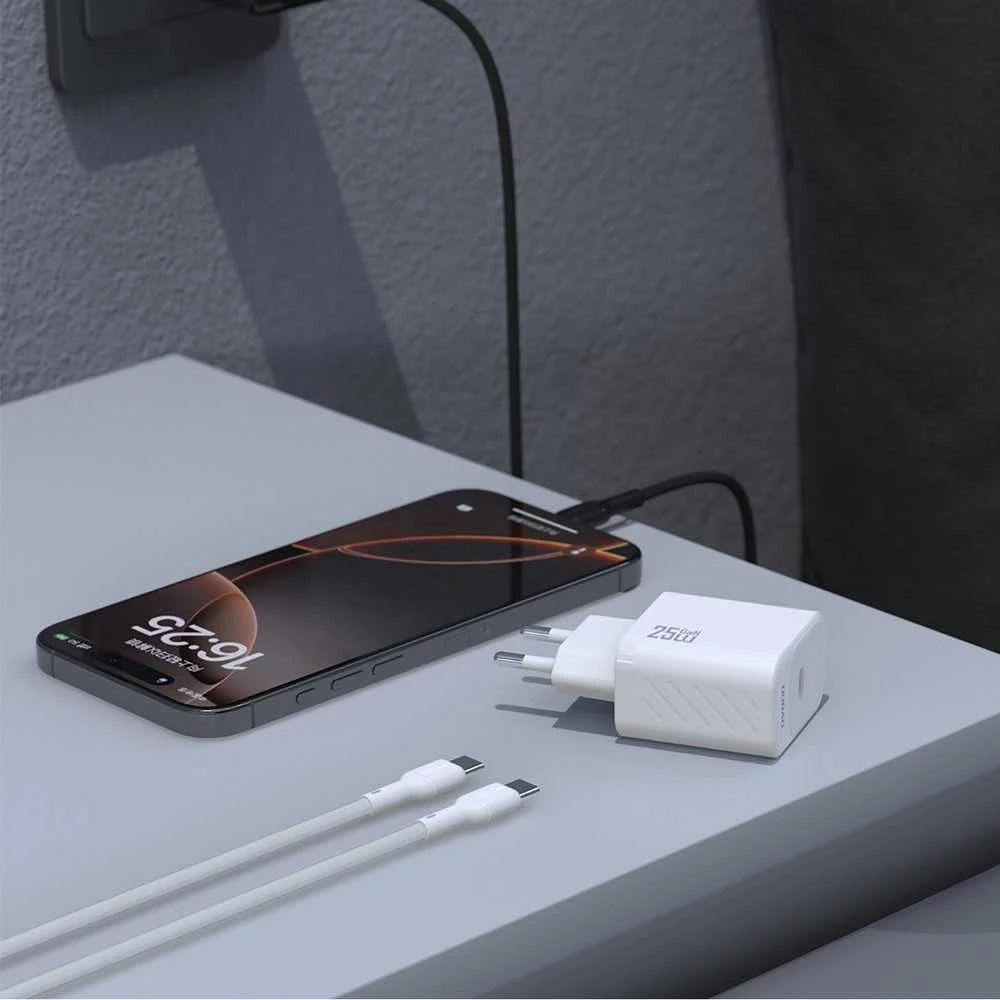 „Dudao A27CEU PD 25W GaN SB-C“ sieninis įkroviklis su USB-C laidu – juodas