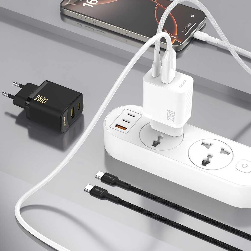 Dudao A26TCEU PD QC 25W GaN USB-A USB-C sieninis įkroviklis su USB-C laidu - Juodas