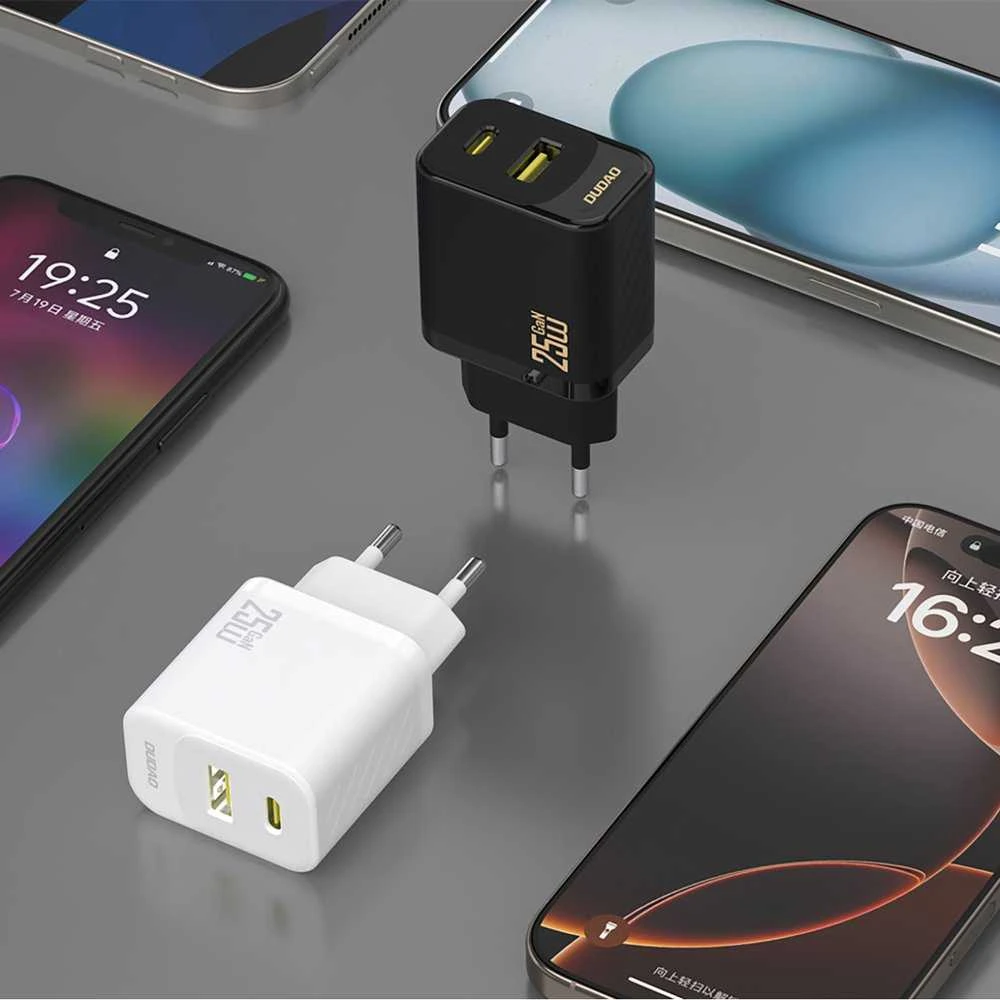 Dudao A26TCEU PD QC 25W GaN USB-A USB-C sieninis įkroviklis su USB-C laidu - Juodas