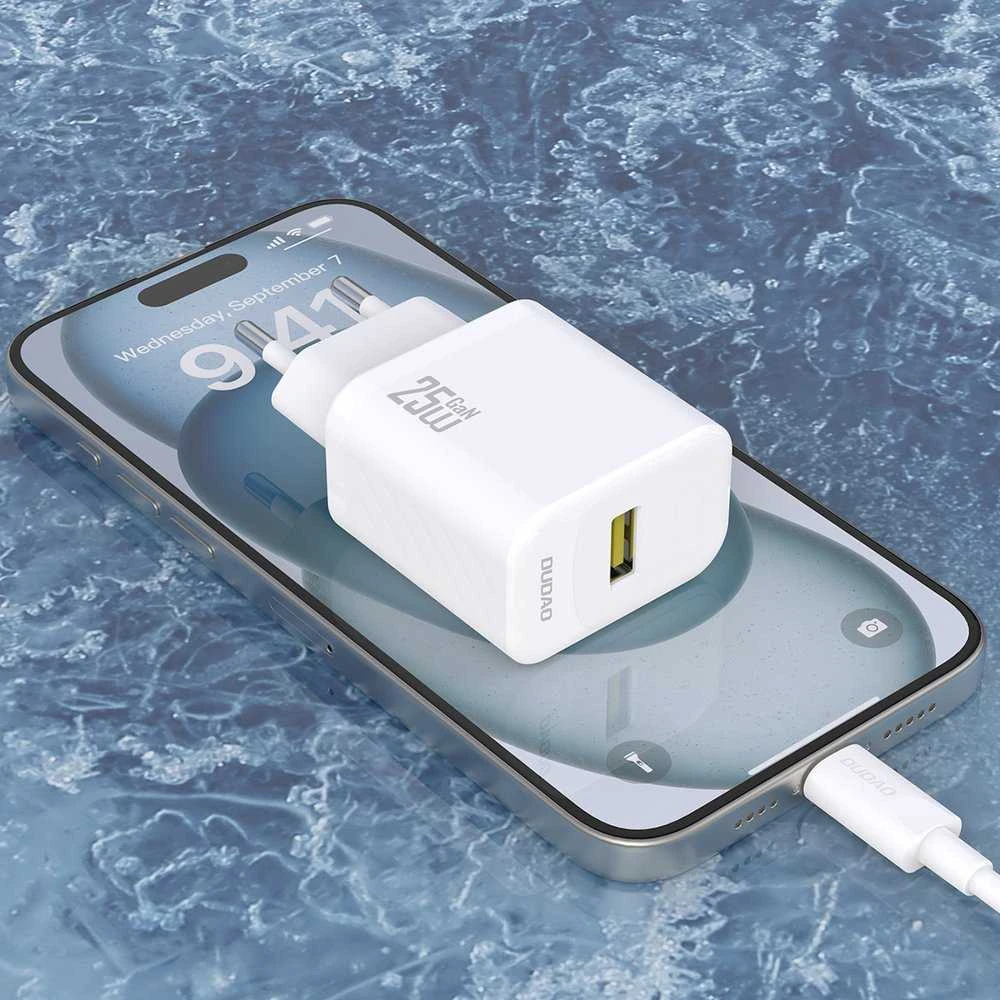 Dudao A27STEU 25W GaN USB-A sieninis įkroviklis su USB-A - USB-C laidu - Baltas
