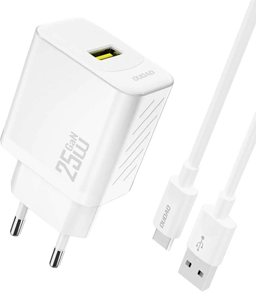 Dudao A27STEU 25W GaN USB-A sieninis įkroviklis su USB-A - USB-C laidu - Baltas