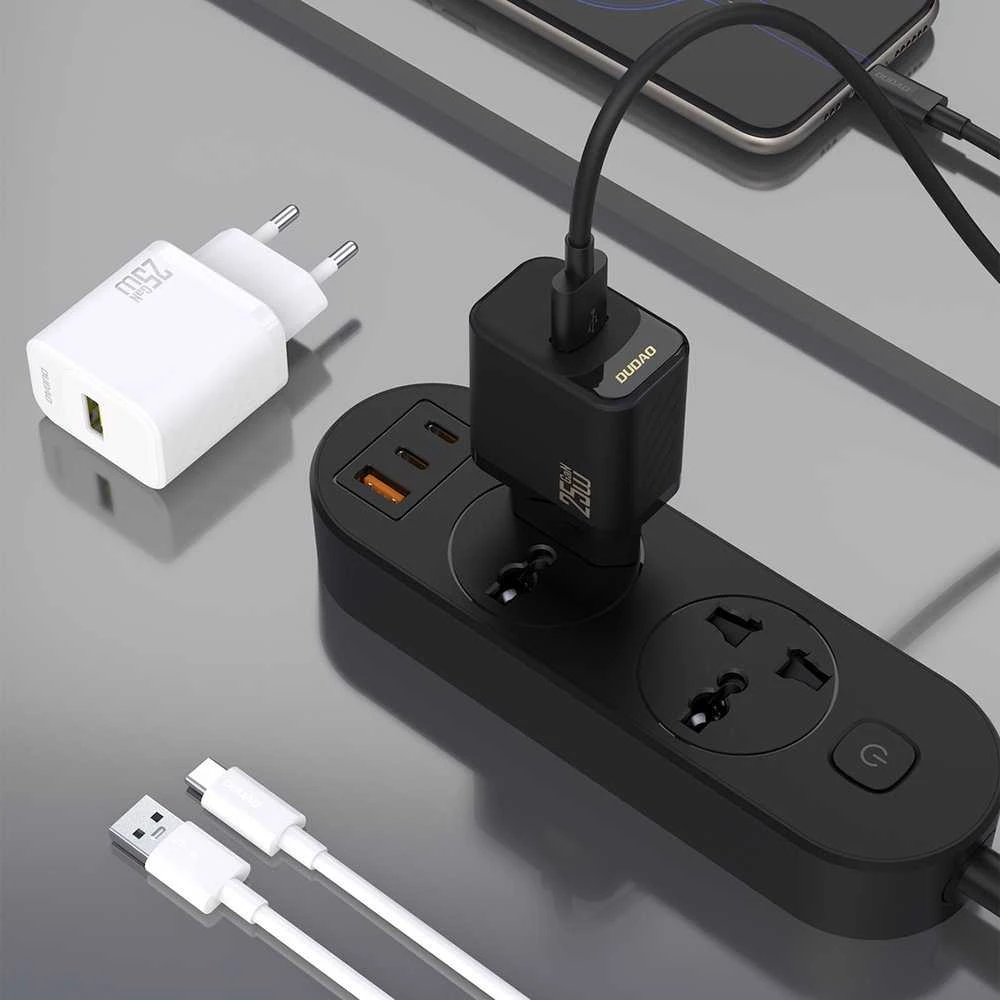 Dudao A27STEU 25W GaN USB-A sieninis įkroviklis su USB-A - USB-C laidu - Baltas