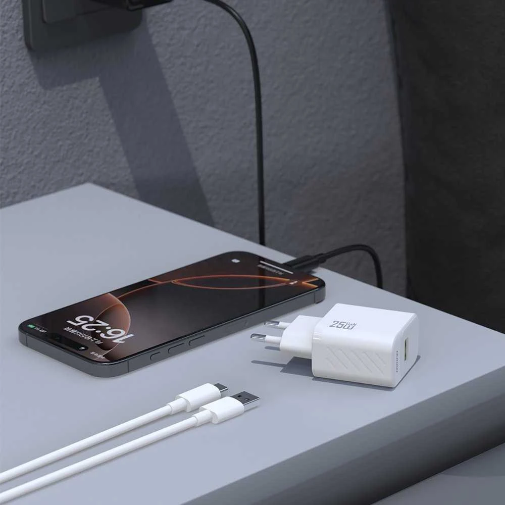 Dudao A27STEU 25W GaN USB-A sieninis įkroviklis su USB-A - USB-C laidu - Baltas