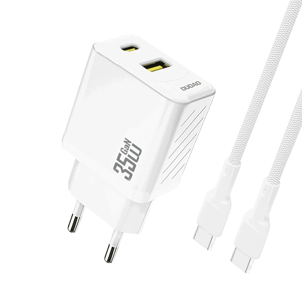 Dudao A27MaxCEU PD QC 35W USB-A USB-C sieninis įkroviklis su USB-C laidu – baltas