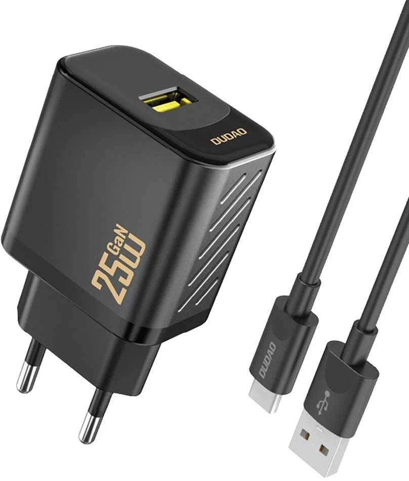 Dudao A27STEU 25W GaN USB-A sieninis įkroviklis su USB-A - USB-C laidu - Juodas