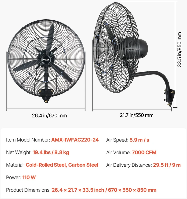 VEVOR Sieninis ventiliatorius su osciliacija ir rūku, 610 mm, IP44