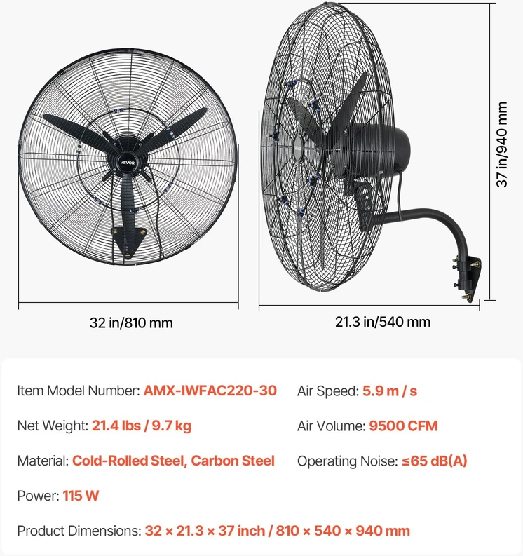 VEVOR Sieninis ventiliatorius 760 mm su rūko funkcija