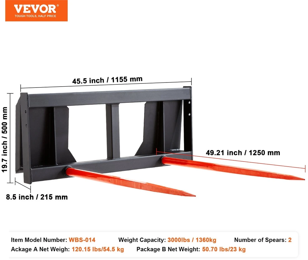 VEVOR 49" šieno smaigalys, šakės traktoriaus priedas