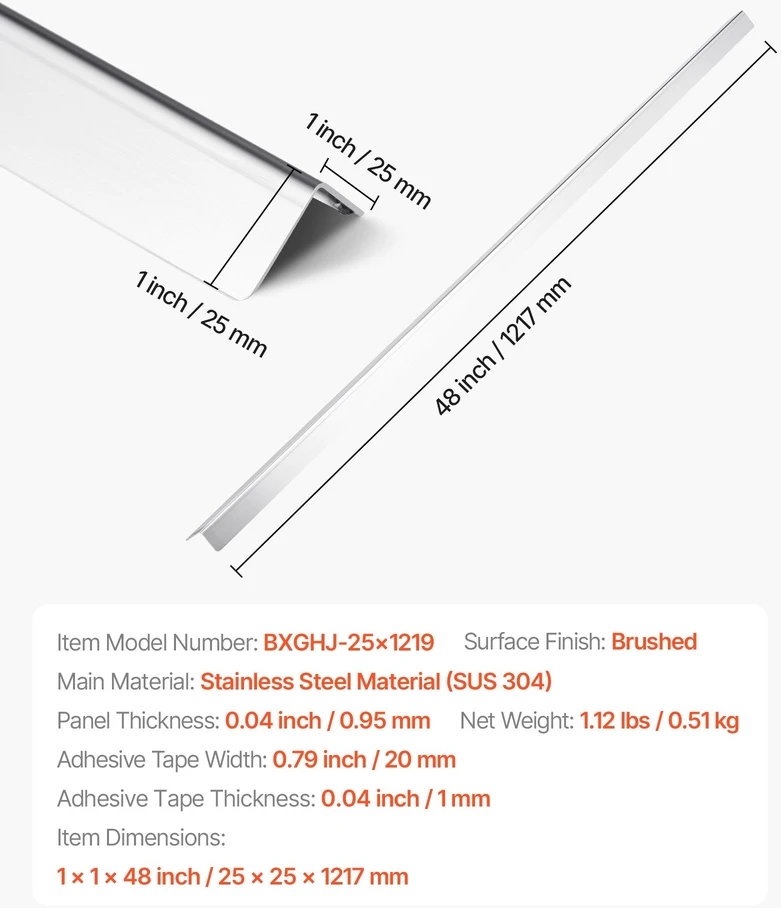 VEVOR Nerūdijančio plieno sienos kampo apsauga, 25x25x1217mm, 10 vnt. pakuotė, atsparūs smūgiams kampų apsaugai, metalinė kampinė apdaila