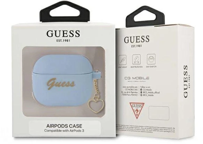 Silikoninis dėklas AirPods 3 mėlyna/mėlyna, Charm Heart Collection Guess