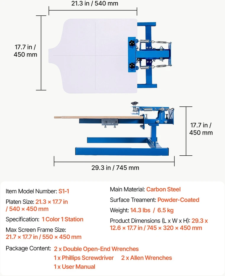 Šilkografijos staklės VEVOR S1-1, 1 spalvos, 540 x 450 mm pagrindas