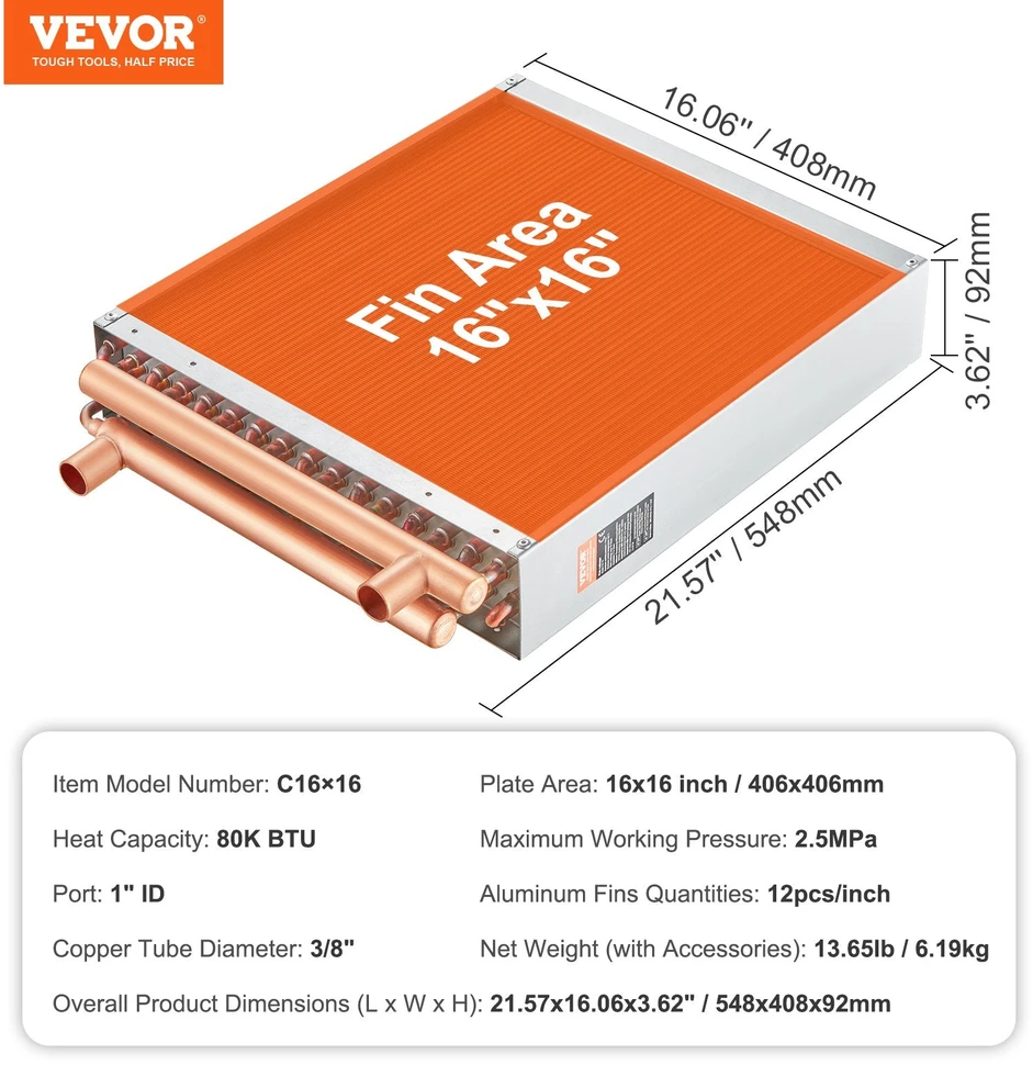 VEVOR 40.64x40.64 cm vandens-oro šilumokaitis, 3 eilės