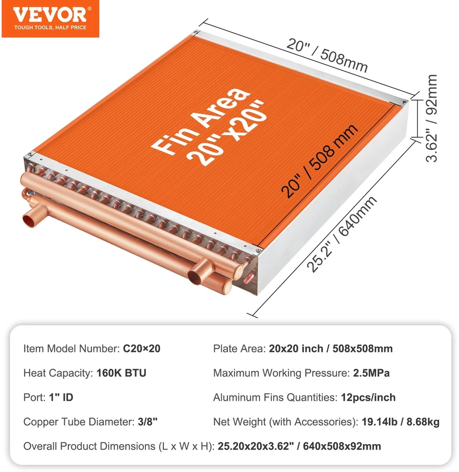 Vevor 20x20 šilumokaitis su vandeniu ir oru