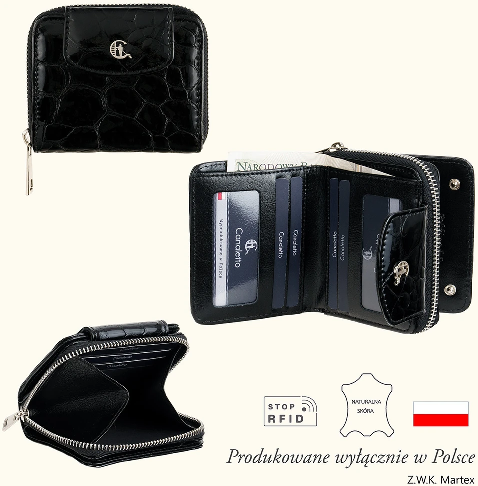 SILVANA Portfel damski Canaletto juoda lakierowany RFID