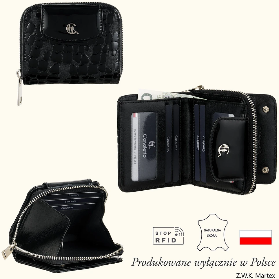 SILVANA Portfel damski Canaletto juoda lakierowany RFID