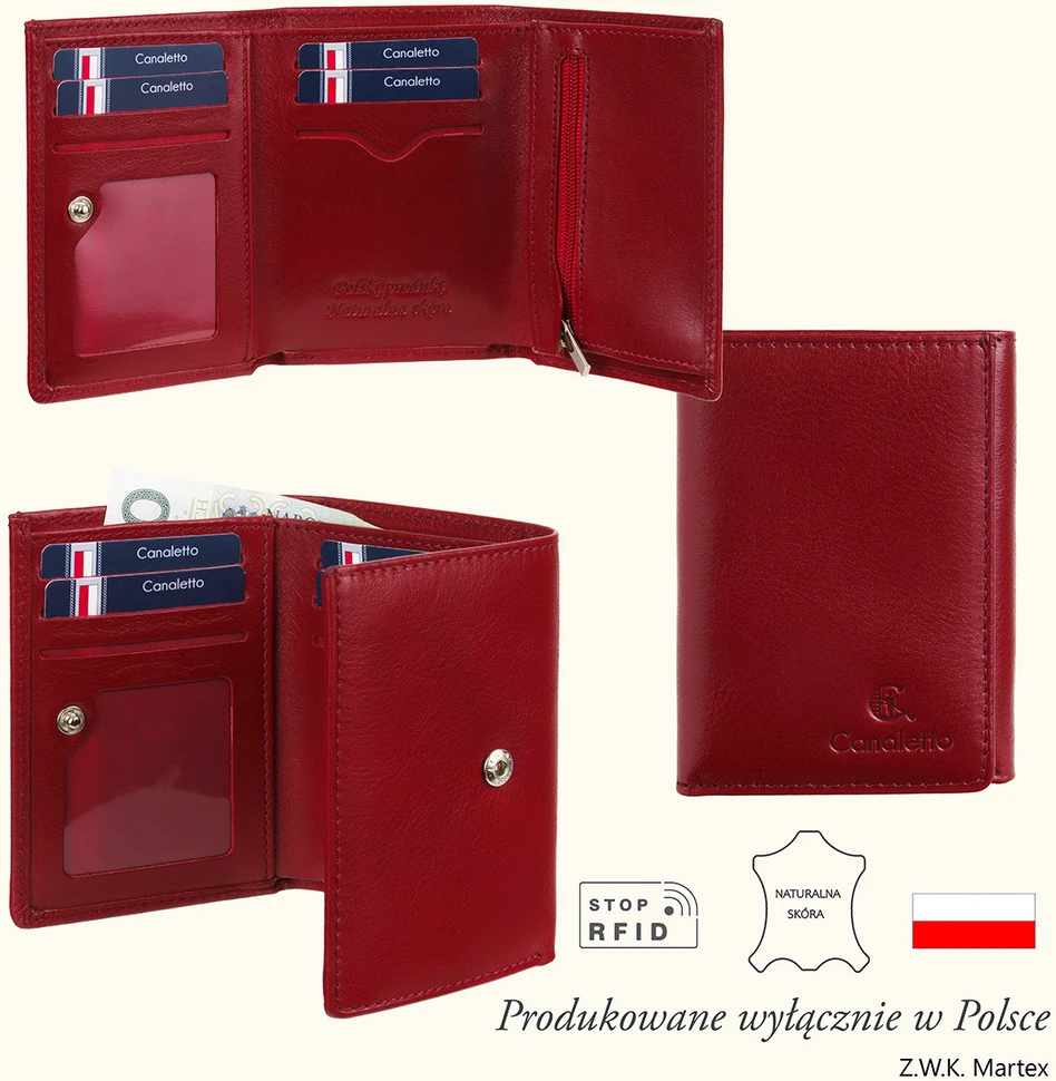 SIMO Raudona portfel damski Canaletto garbunek roślinny RFID