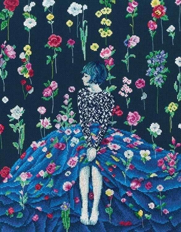 Siuvinejimo rinkinys Mergina gėlėmis 32x40 cm