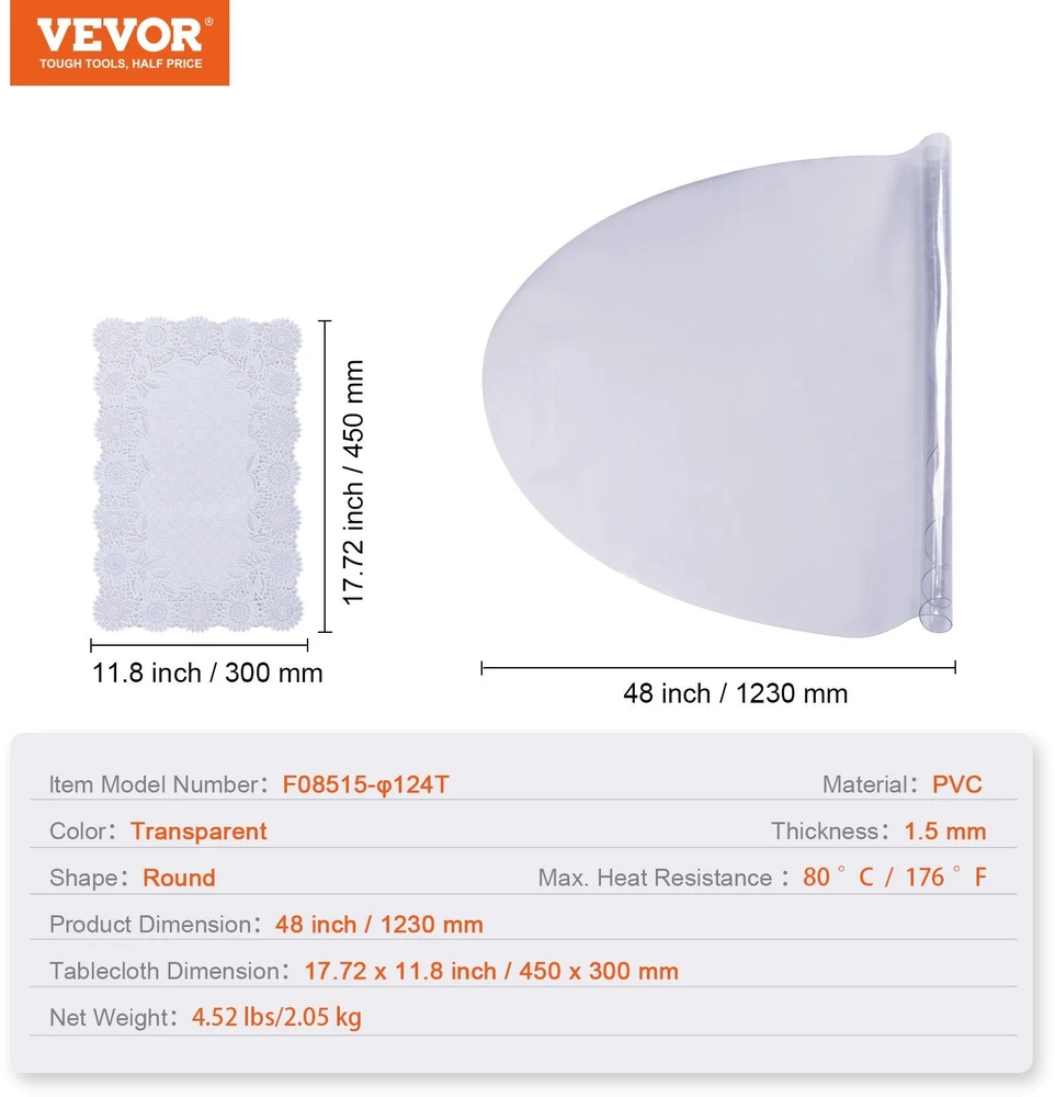 VEVOR Skaidrus apvalus staltiesės dangalas 123 cm